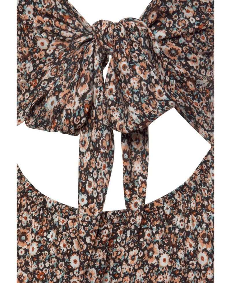 Women's Viscose Floral Print Bow Detail Cutout A-Line Midi Dress