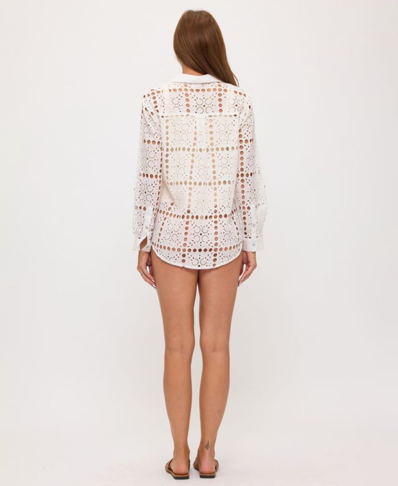 Women's Eyelet Openwork Dot Long-Sleeve Beach Shirt