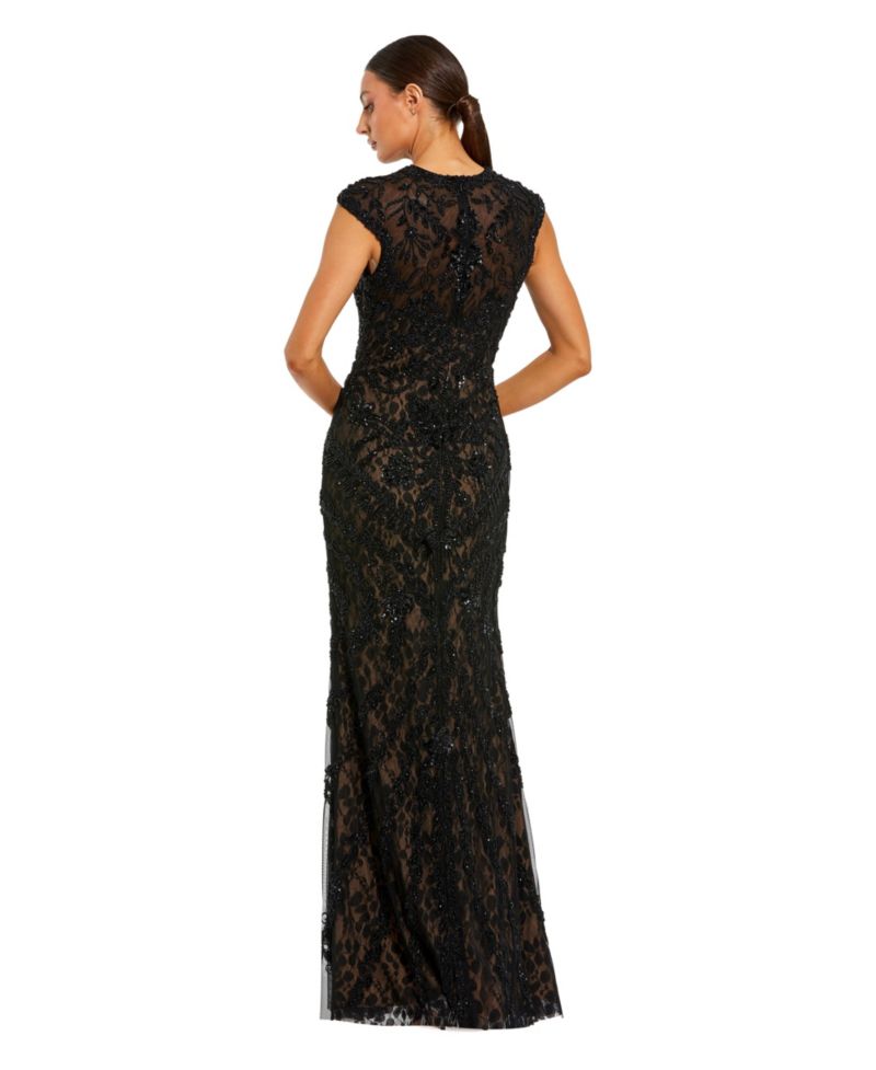Women's Beaded Lace Mesh High-Neck Sleeveless Column Gown