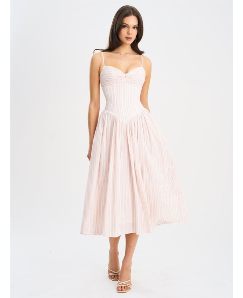 Women's Zania Pink Stripe Ruched Breast Cotton Jacquard Midi Dress
