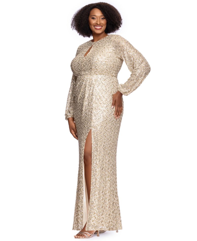 Plus Size Allover-Sequin Keyhole Long-Sleeve Gown
