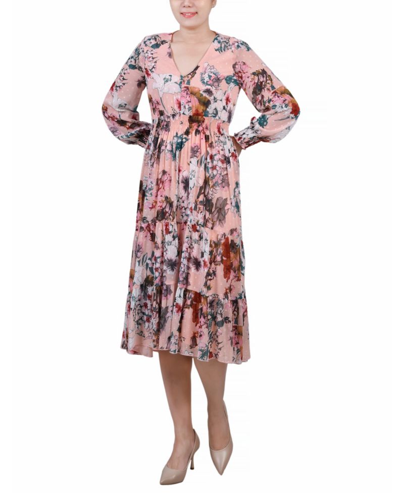Women's Long-Sleeve Clip Dot Chiffon Dress with Smocked Waist and Cuffs Dress