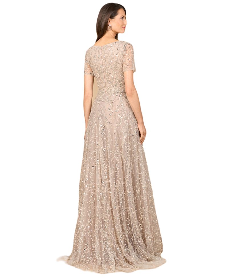 Women's Short Sleeve V-Neck Beaded Ballgown