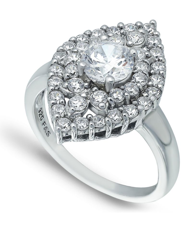 Cubic Zirconia 2 Row Kite Halo with Round Prong Center Stone Ring