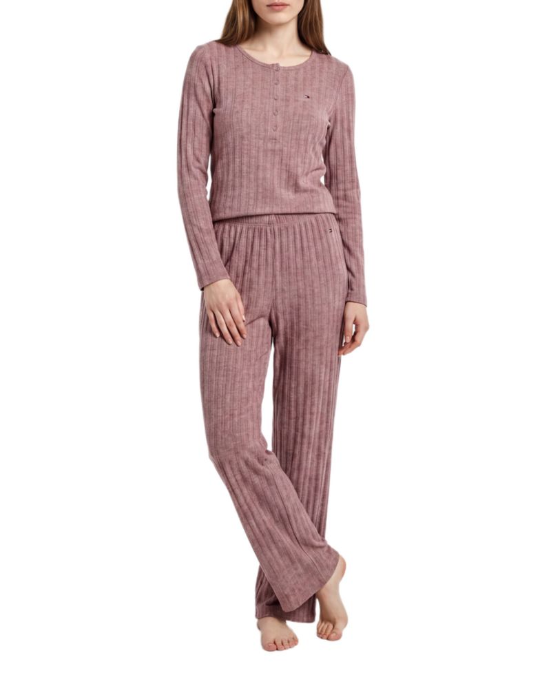 Women's Long-Sleeve Wide-Leg Cable-Jacquard Henley Top and Pant, 2-Piece Pajama Set
