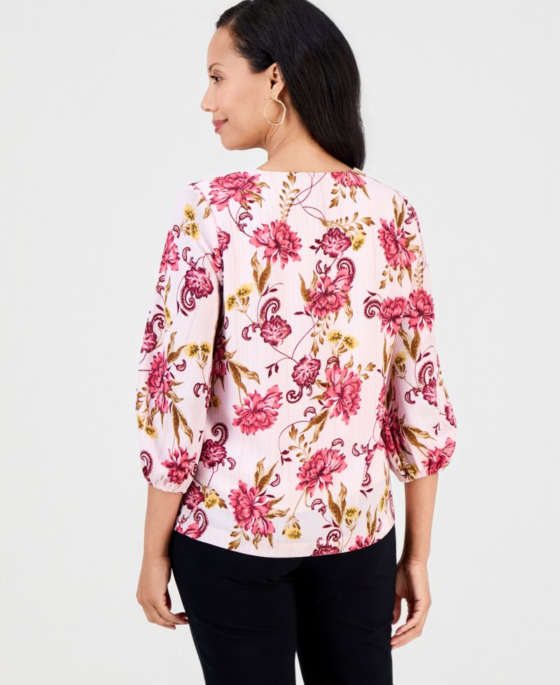 Women's Garden Floral Shine V-Neck 3/4-Sleeve Top