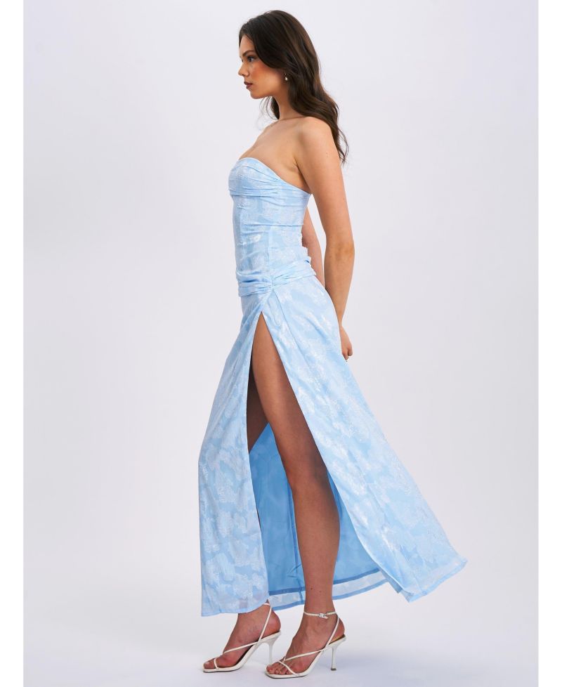 Women's Xatia Baby Blue Jacquard Textured High Slit Maxi Dress
