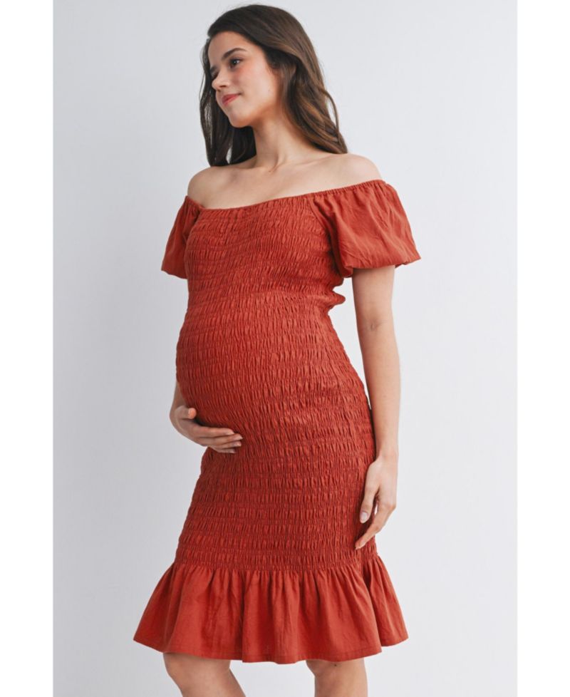 Women's Off-the-Shoulder Smocked Bodycon Midi Dress with Ruffle Hem