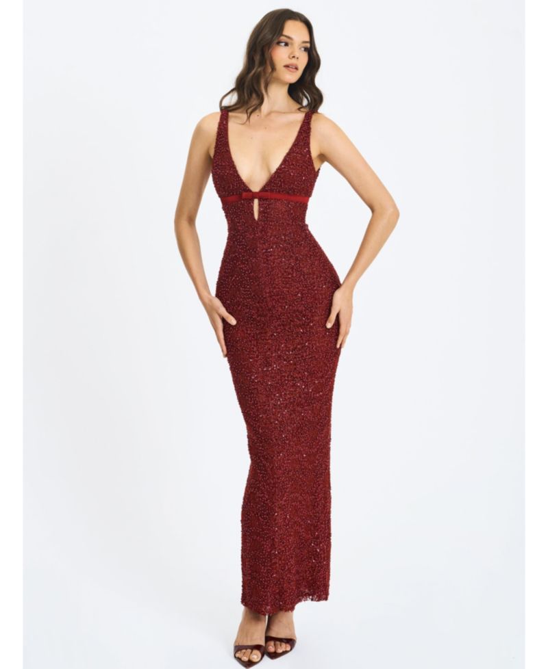 Women's Elora Crimson Sequin Beaded Keyhole Maxi Dress