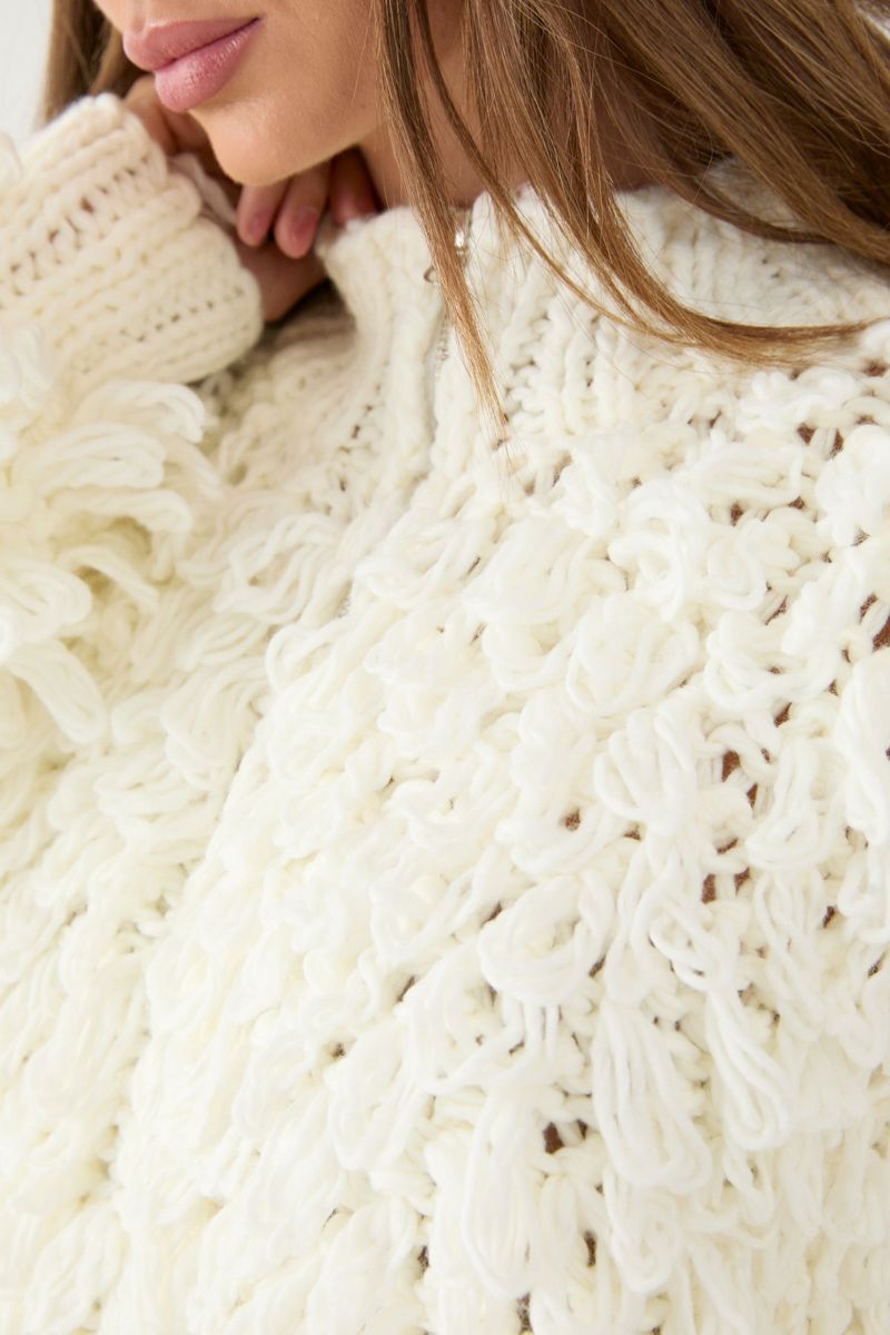 Women's Zip Up Cream Fringe Loop Cardigan