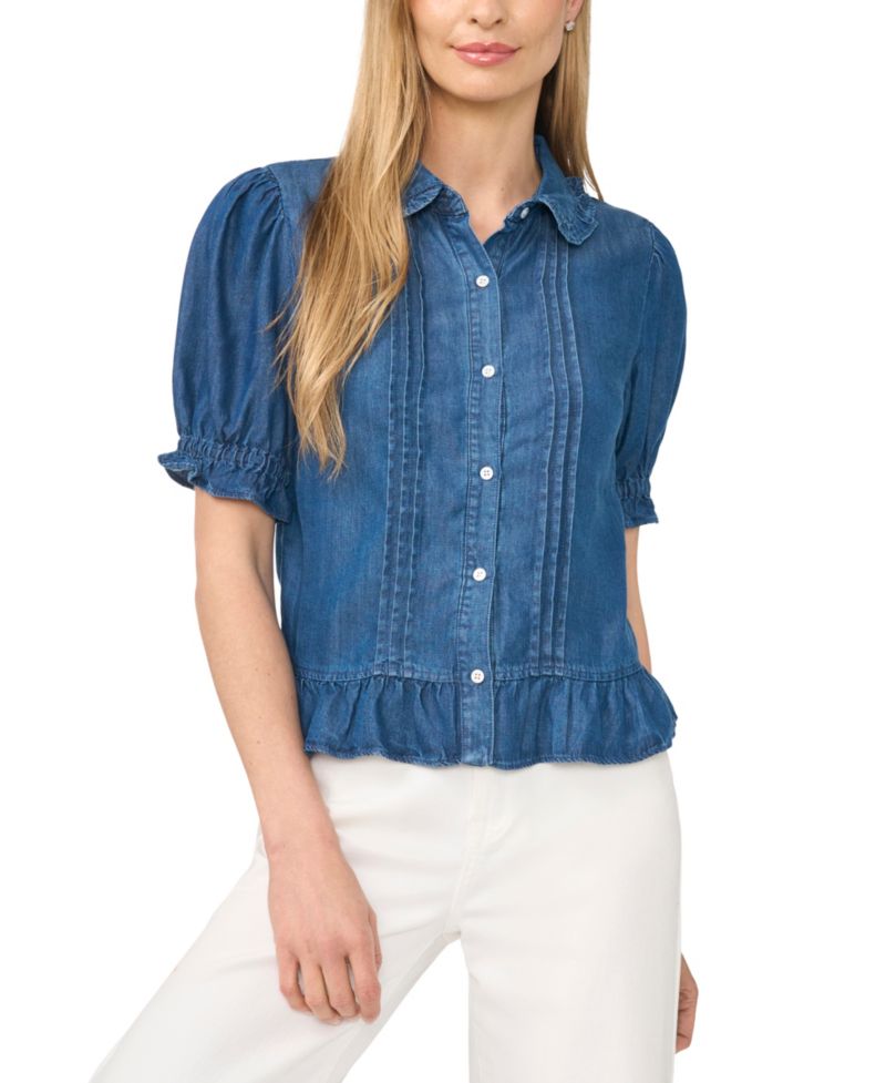 Women's Puff-Sleeve Cropped Ruffle-Collar Top
