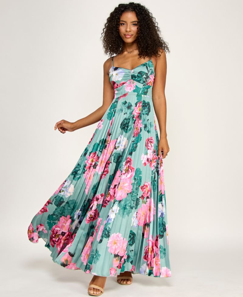 Juniors' Floral Tie-Back Pleated Dress