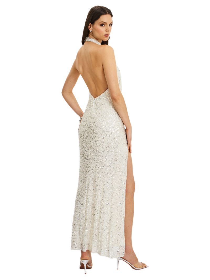 Women's Niamh Golden Beaded Cowl Halter Backless Maxi Dress