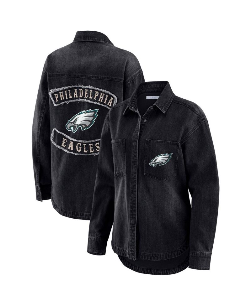 Women's Black Philadelphia Eagles Washed Oversized Denim Full-Snap Shacket