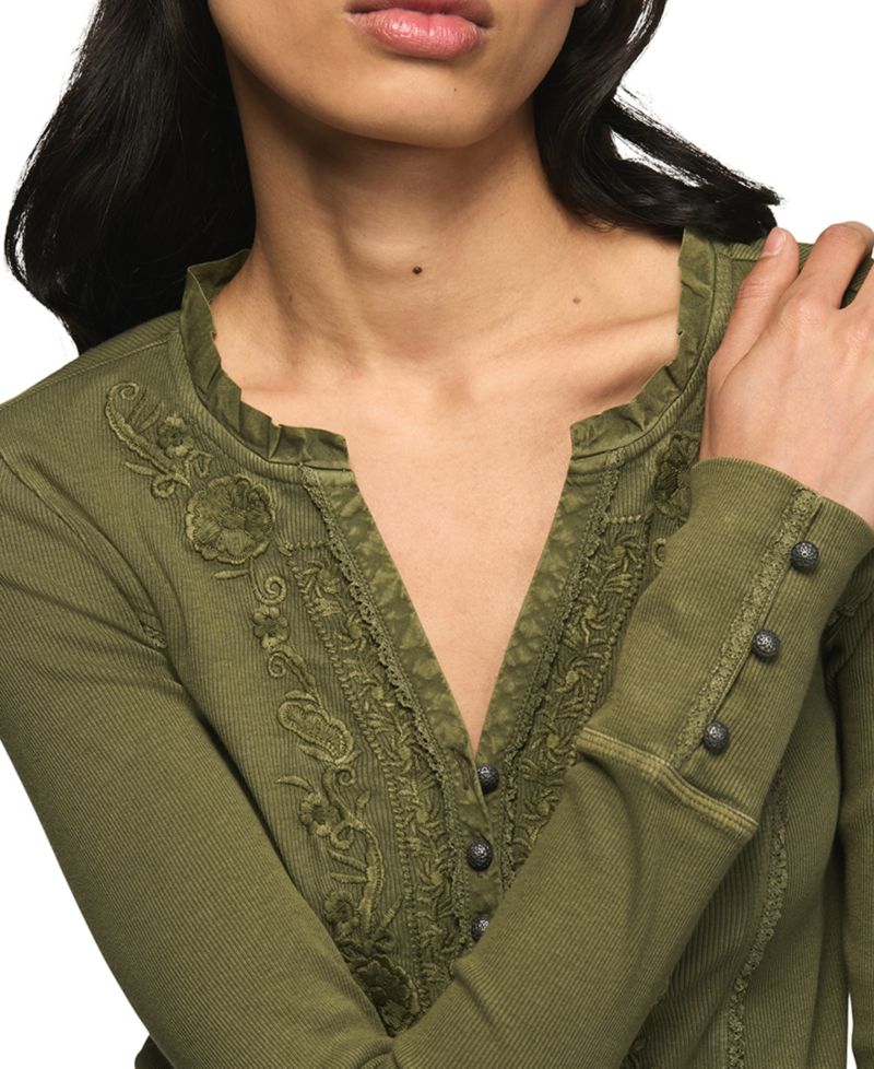 Women's Embroidered V-Neck Long-Sleeve Henley