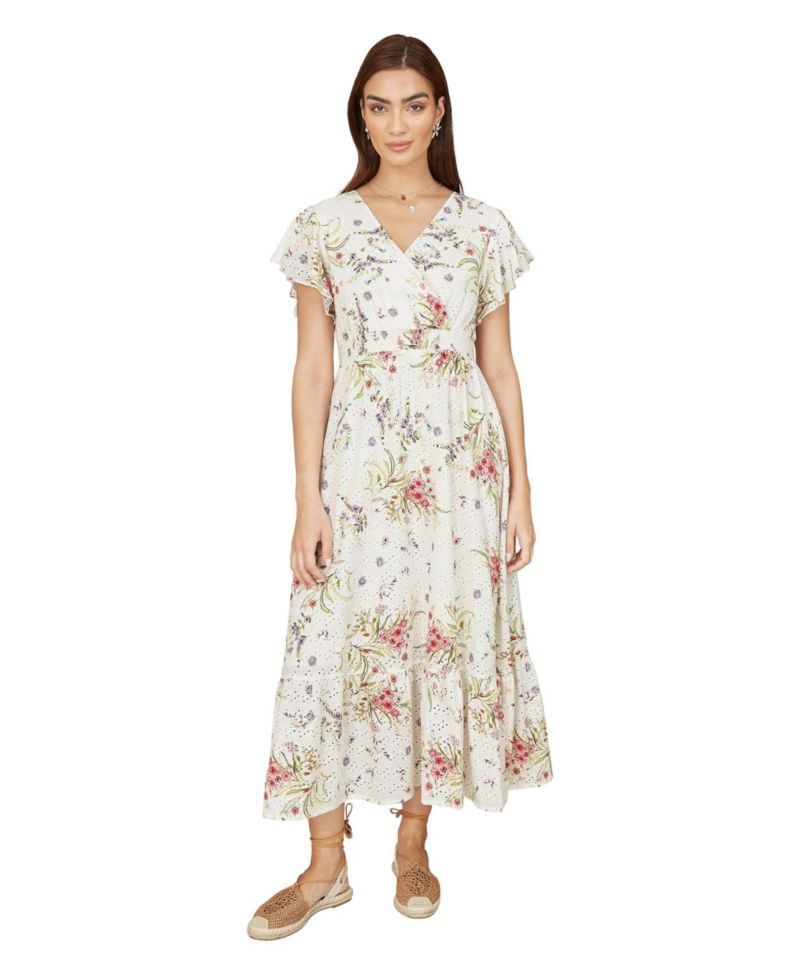 Women's Floral Broderie Anglaise Wrap Midi Dress