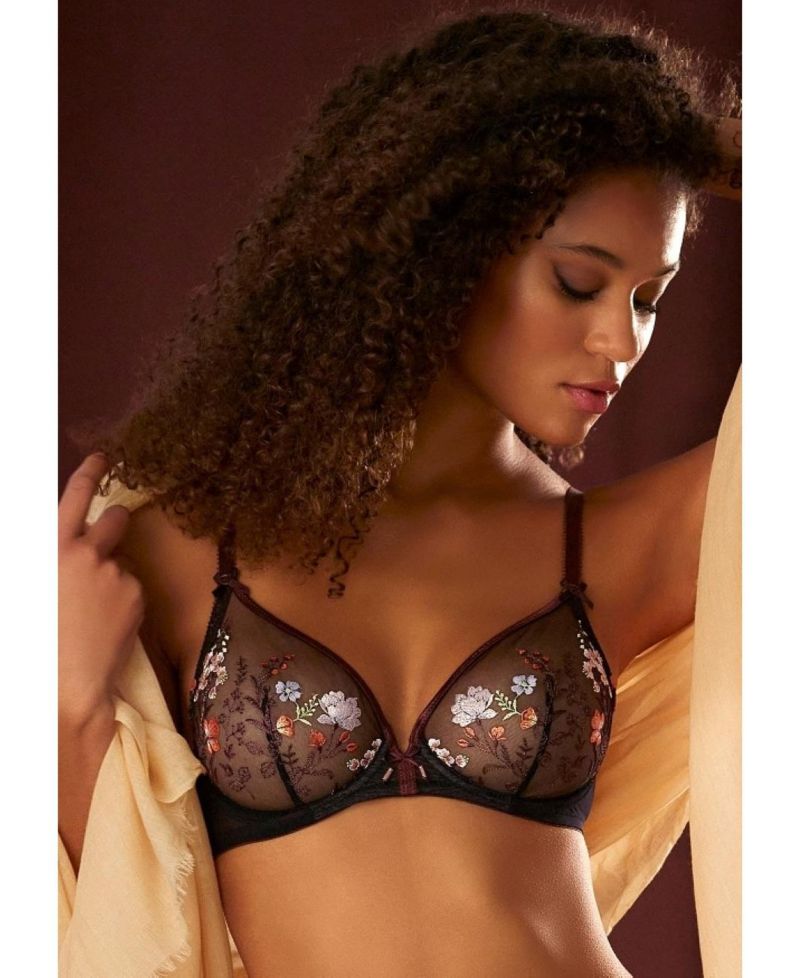 Women's Floral Print Sheer Embroidered Non-Padded Underwire Bra