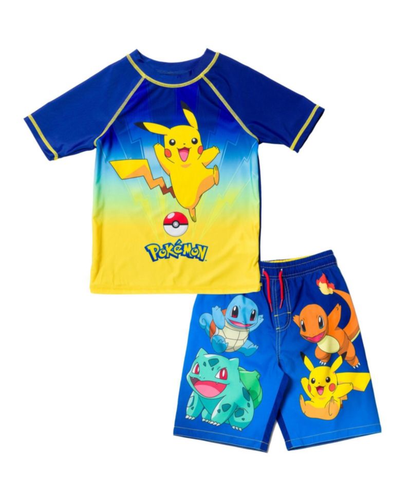Boys Pikachu UPF 50+ Rash Guard Swim Trunks Outfit Set to
