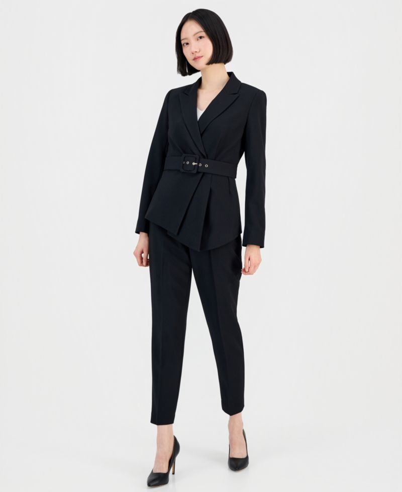 Women's Belted Asymmetrical Jacket & Slim-Fit Pantsuit Set