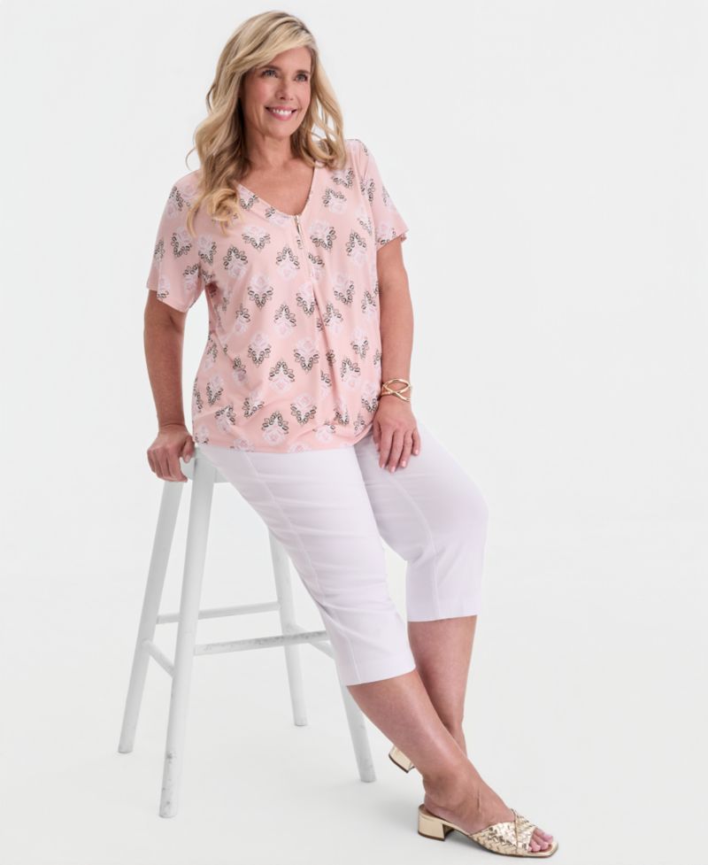 Plus Size Large Floret Zippered V-Neck Top