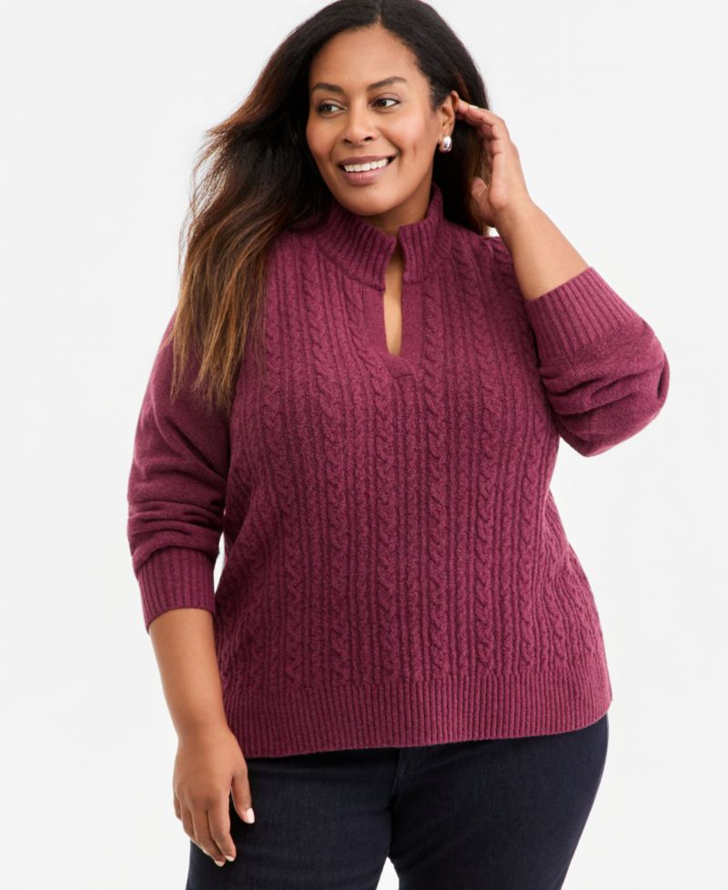 Plus Cable Split Mockneck Long-Sleeve Sweater