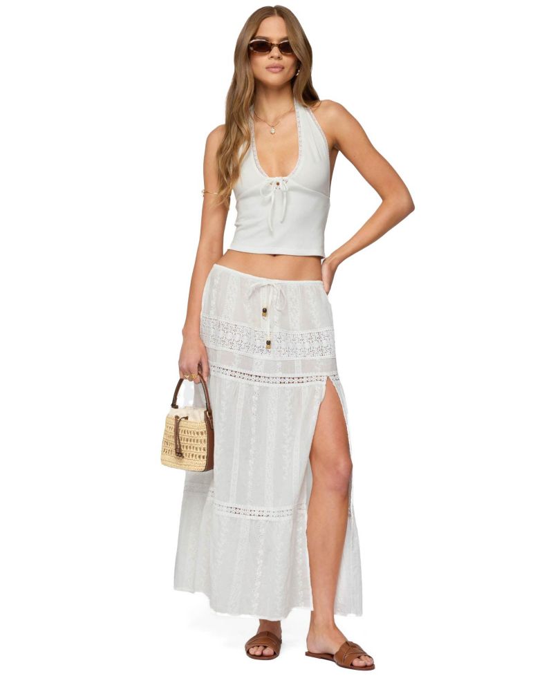 Women's Embroidered Cotton Lace Slitted Maxi Skirt