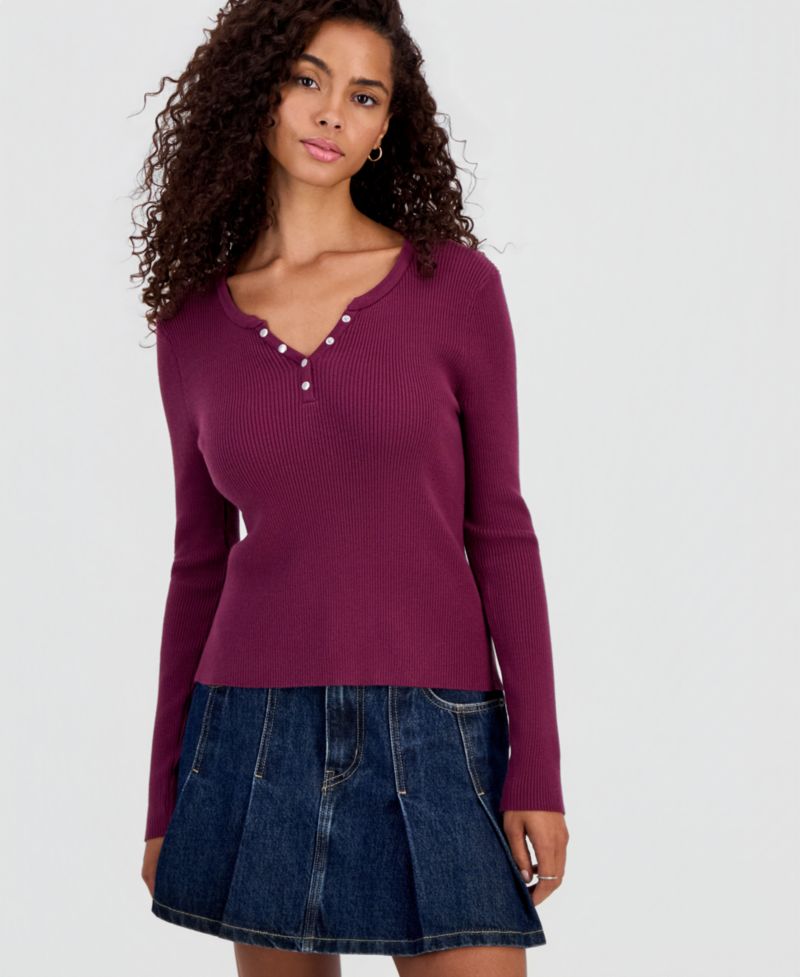 Juniors' Ribbed Snap Henley Sweater