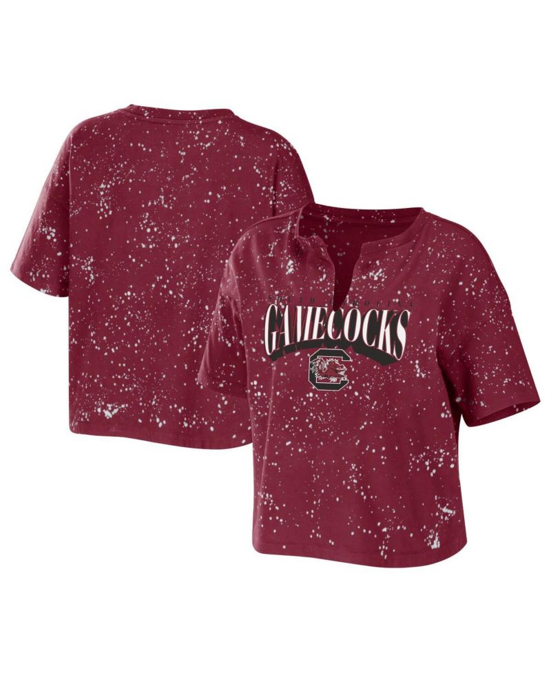 Women's Garnet South Carolina Gamecocks Bleach Wash Splatter Cropped Notch Neck T-Shirt