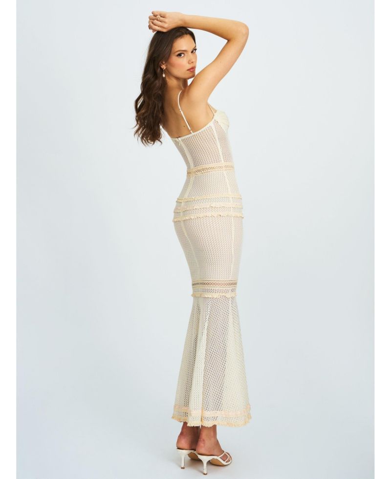 Women's Pallas Beige Lace Trim Crochet Mermaid Maxi Dress