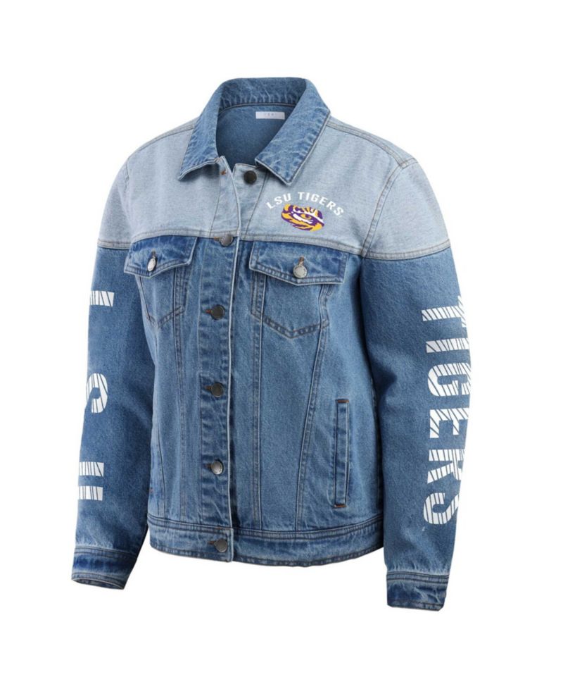 Women's Denim LSU Tigers Sleeve Hit Color Block Button-Down Denim Jacket