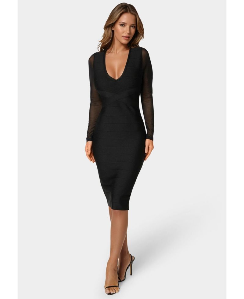 Women's V-Neck Bandage Dress with Illusion Sleeve