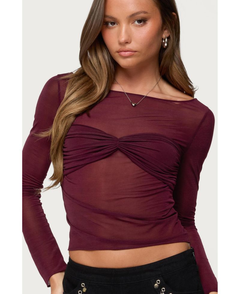 Womens Oona Sheer Gathered Long Sleeve Top