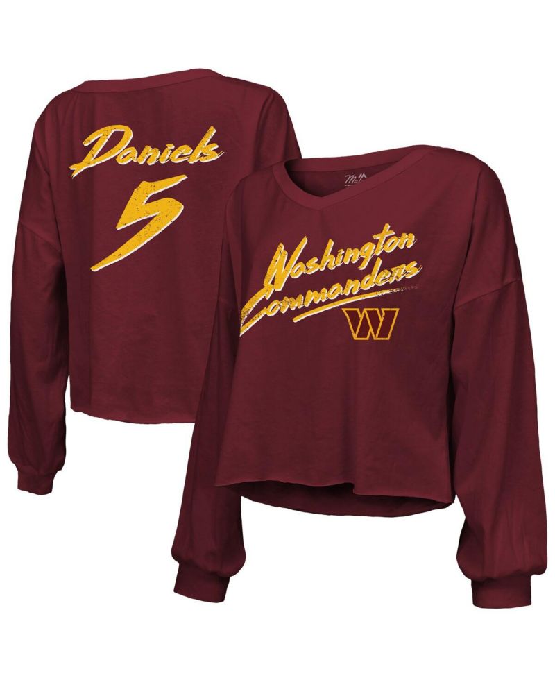 Women's Jayden Daniels Burgundy Washington Commanders Off-Shoulder Script Player Name & Number Cropped Long Sleeve V-Neck T-Shirt