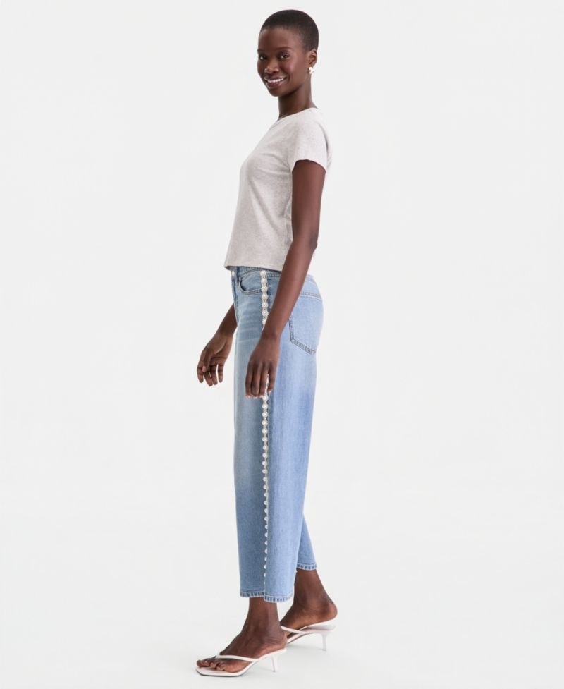 Women's High-Rise Cropped Faux-Pearl-Trim Jeans