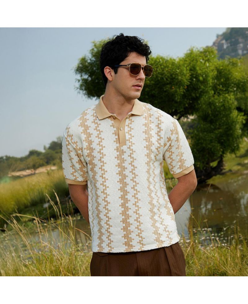 Men's Buff Beige & Cream White Indie-Block Polo T-Shirt