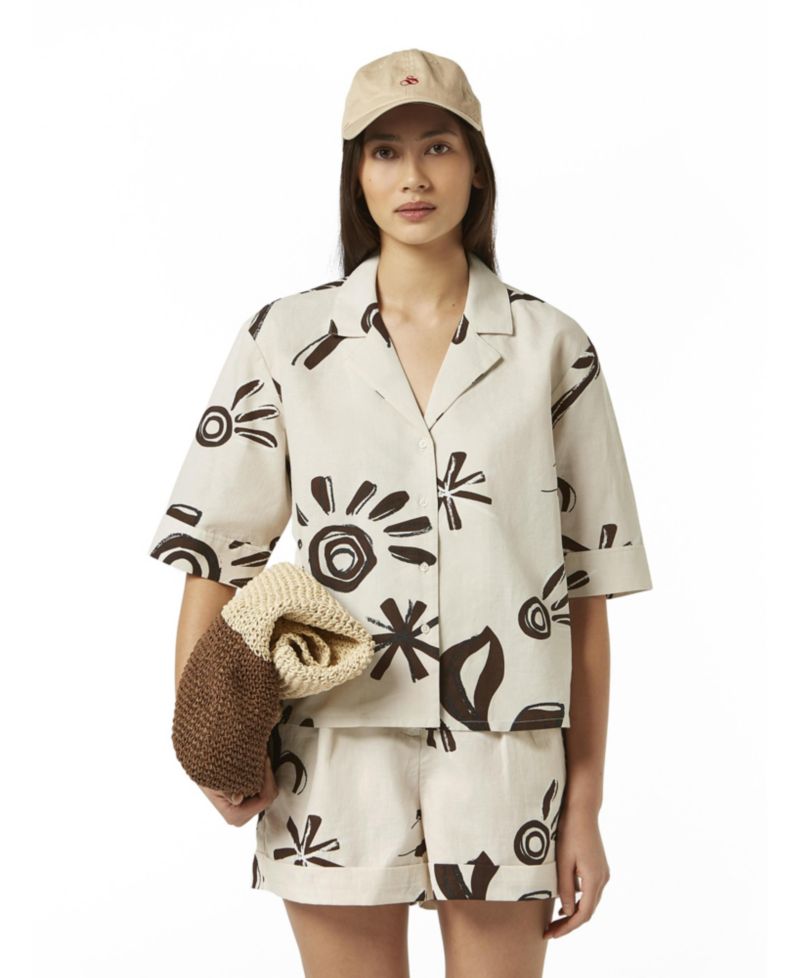 Women's Cotton Linen Printed Short Sleeve Top