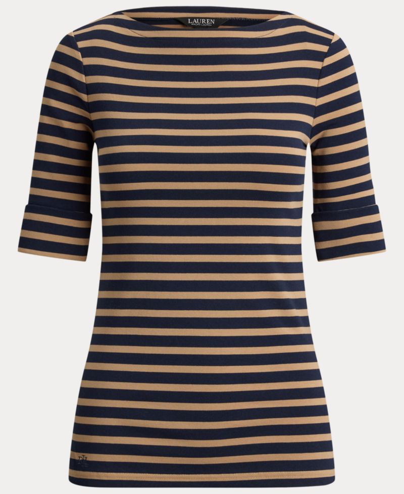Petite Striped Stretch Cotton Boat Neck Top