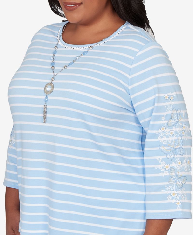 Plus Size Classic Stripe Cornflower Embroidered Sleeve Top with Necklace