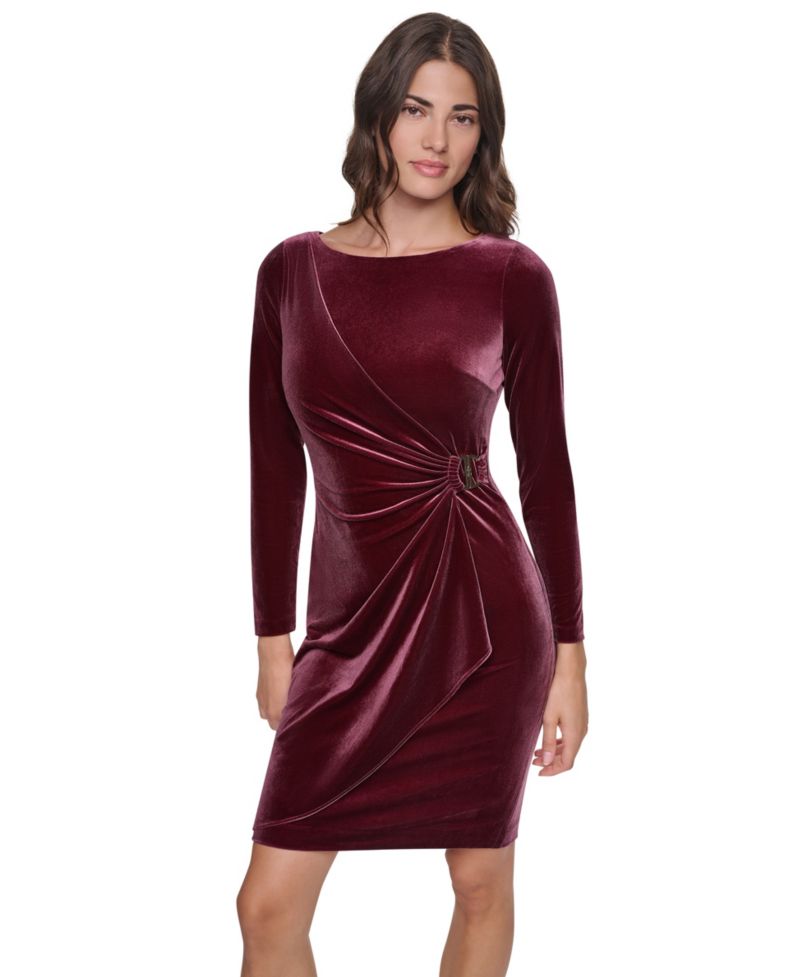 Plus Long-Sleeve Ruched Velvet Dress