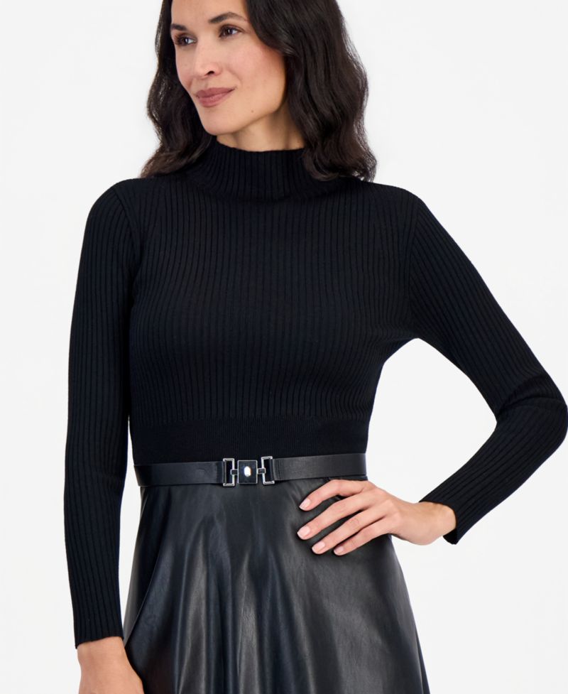 Petite Mockneck Long-Sleeve Belted Dress