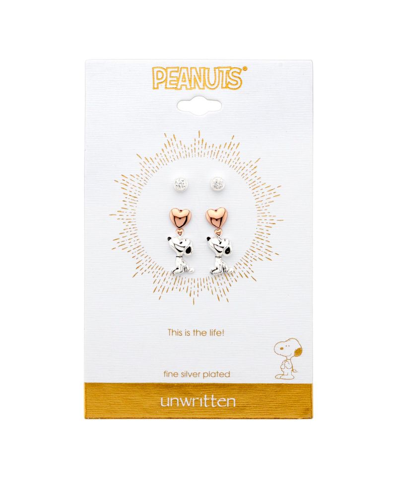 Unwritten Three Pair Silver Plated Snoopy Earring Set with Rose Gold Heart and CZ Bezel Stud