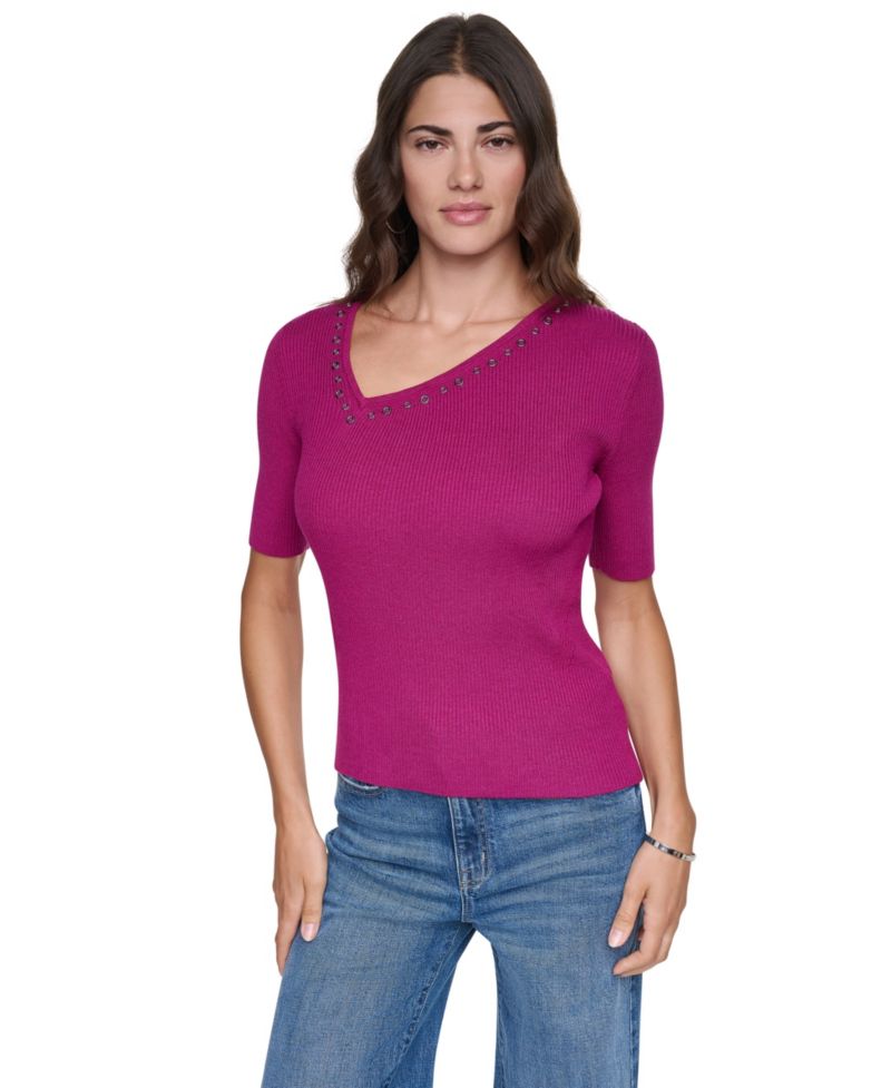Women's Asymmetrical V-Neck Studded Ribbed-Knit Pullover Sweater