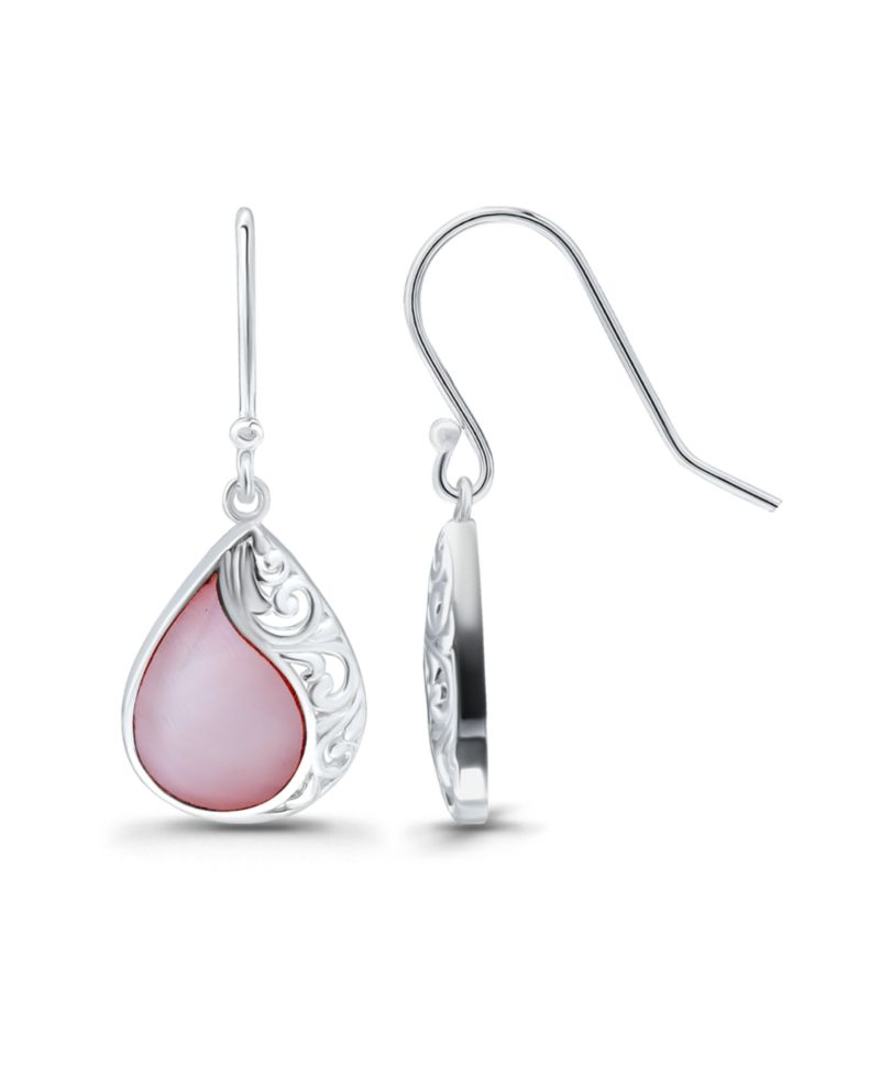 Abalone or Pink Shell Inlay Teardrop Filigree Fishhook Earrings