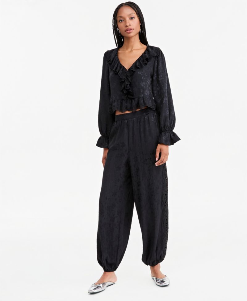 Women's Pull-On High-Rise Satin Jacquard Balloon Pants
