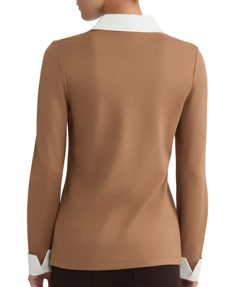 Plus Size Twofer Long-Sleeve Collared V-Neck Woven-Cuff Blouse