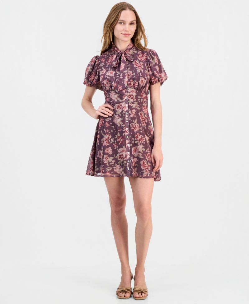 Jonni Puff-Sleeve Floral-Print Tie-Front Mini Dress