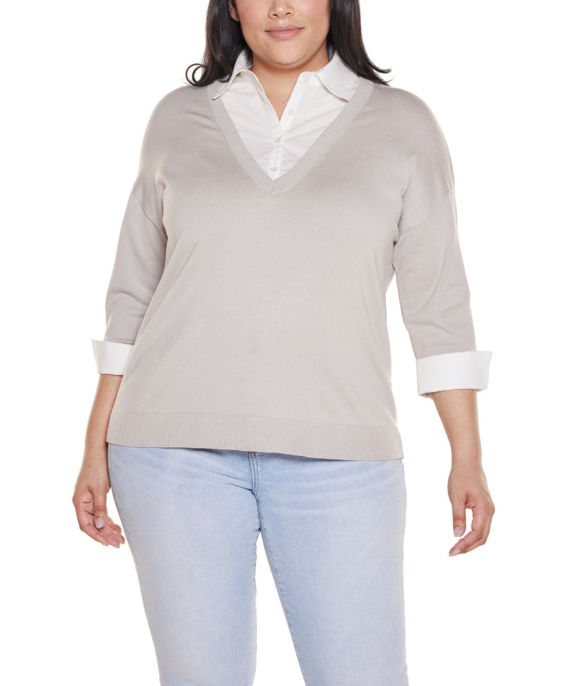 Plus Size Woven-Collar Twofer Sweater