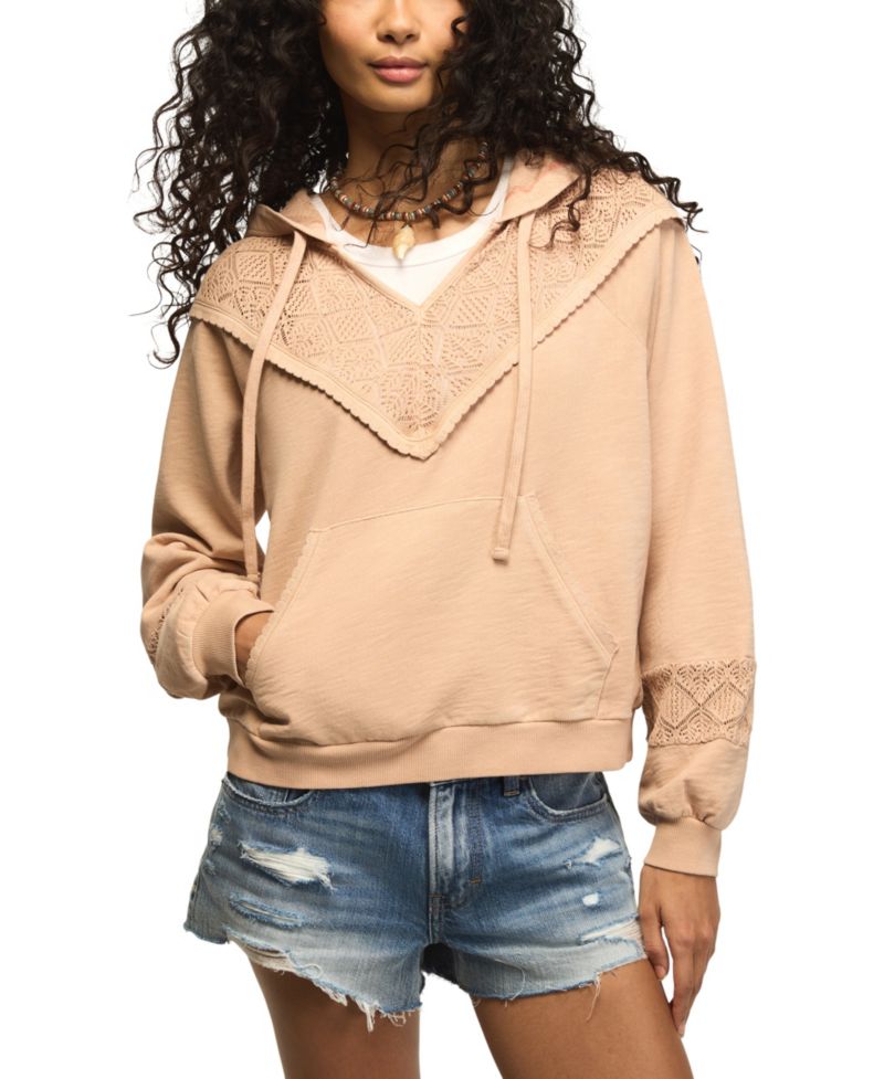 Women's Crochet-Yoke V-Neck Hoodie
