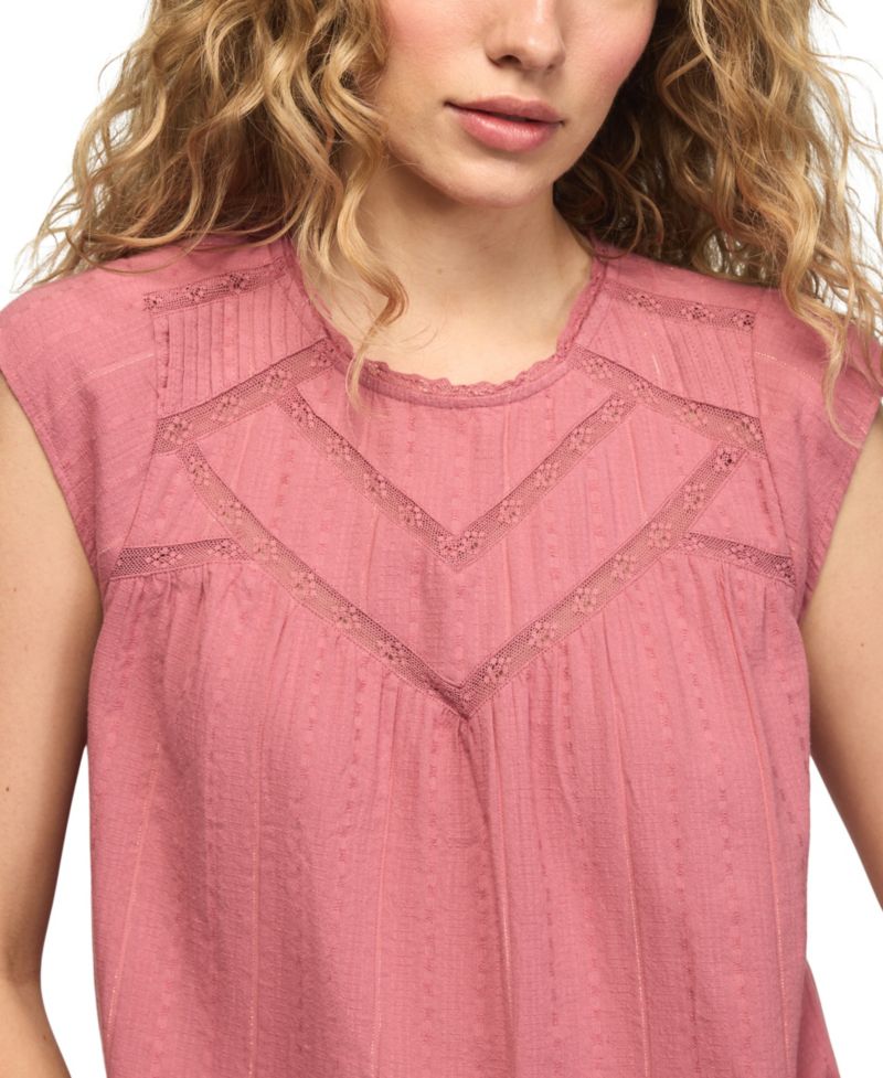 Women's Crewneck Lace Yoke Flutter Top