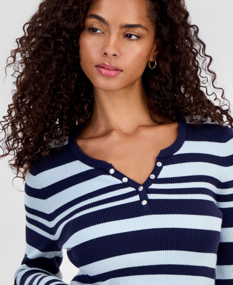 Juniors' Striped Snap Henley Stripe Sweater